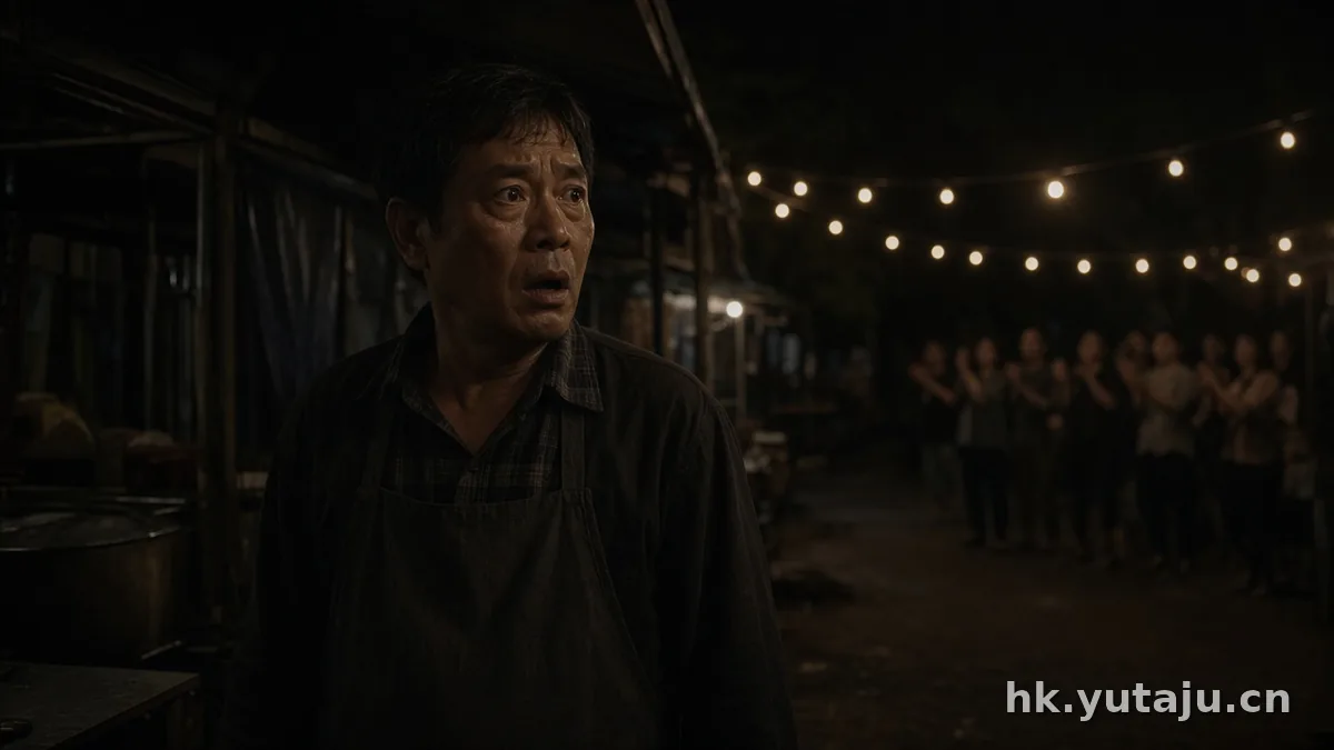 夜间场地前景男子神情惊讶，远处人群站在串灯下